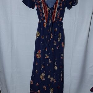 Band of Gypsies Womens Jumpsuit Xsmall Blue Floral vneck tie front short sleeve